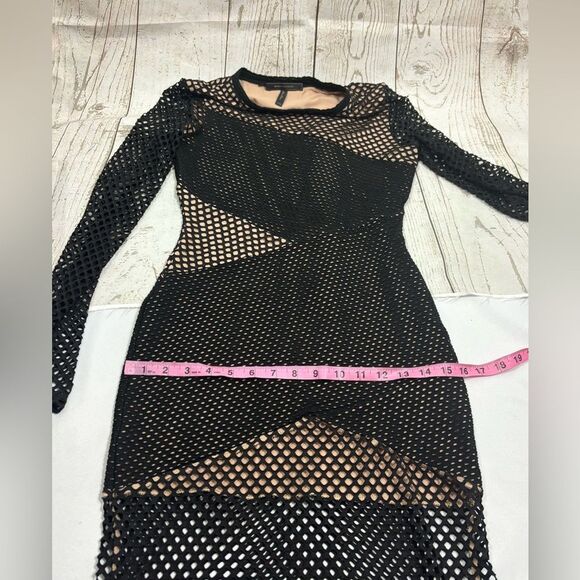 BCBGMAXAZRIA Asymmetrical Mesh Body-Con Dress Black Nude - Picture 9 of 11